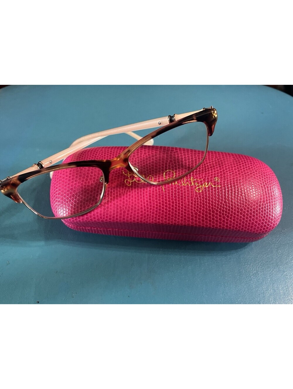 Lilly Pulitzer Ashby Eyeglass Frames Tortoise Ivory Gold Palm Tree w Case